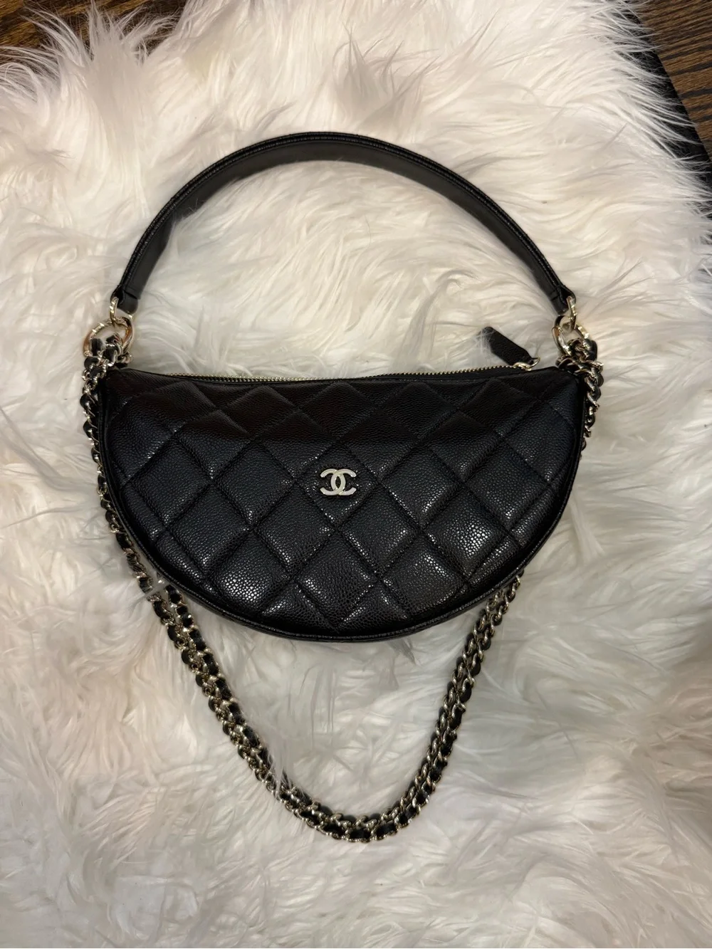 CHANEL Black Quilted Half Moon Shoulder Bag with Chain Strap Champagne Hardware